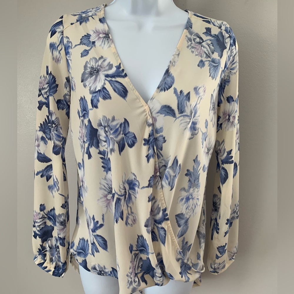 Lush Floral Wrap Blouse - Cream, Blue and Purple